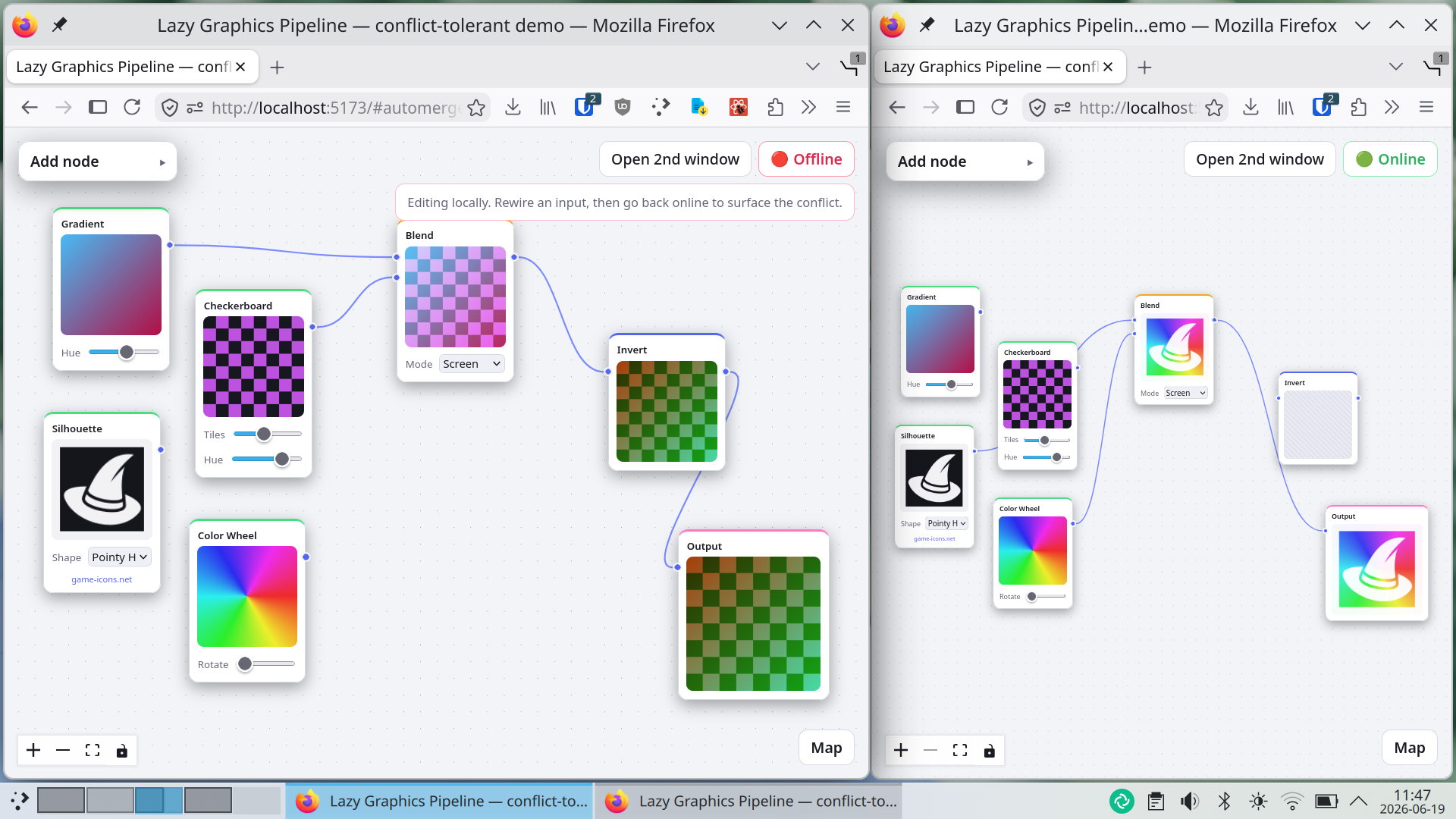 Two windows with divergent changes
